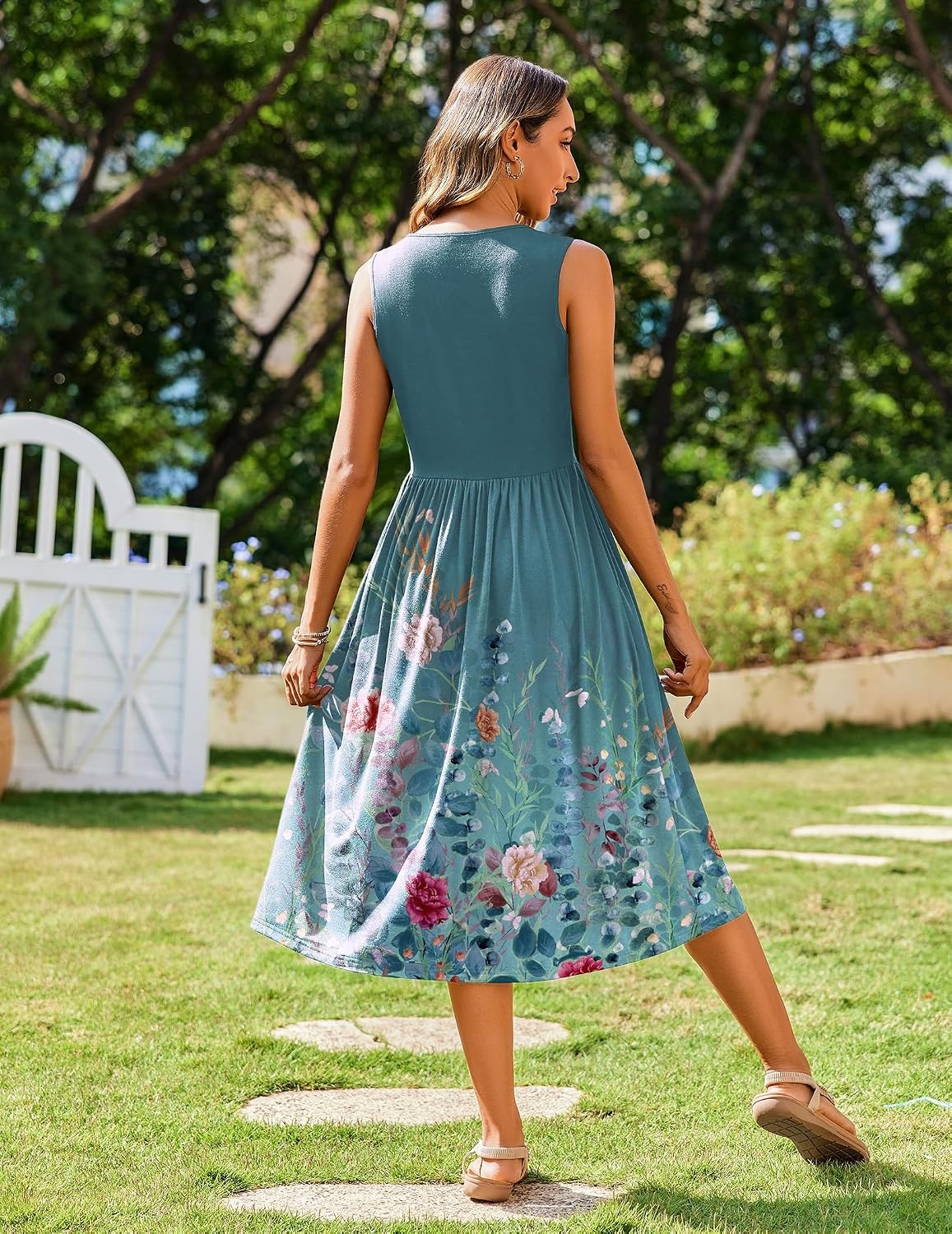 image:imageZeagoo Womens Summer Tank Midi Dress with Pockets Floral Sleeveless ALine Casual Loose TShirt Dresses Beach Sundress 2026Green Floral