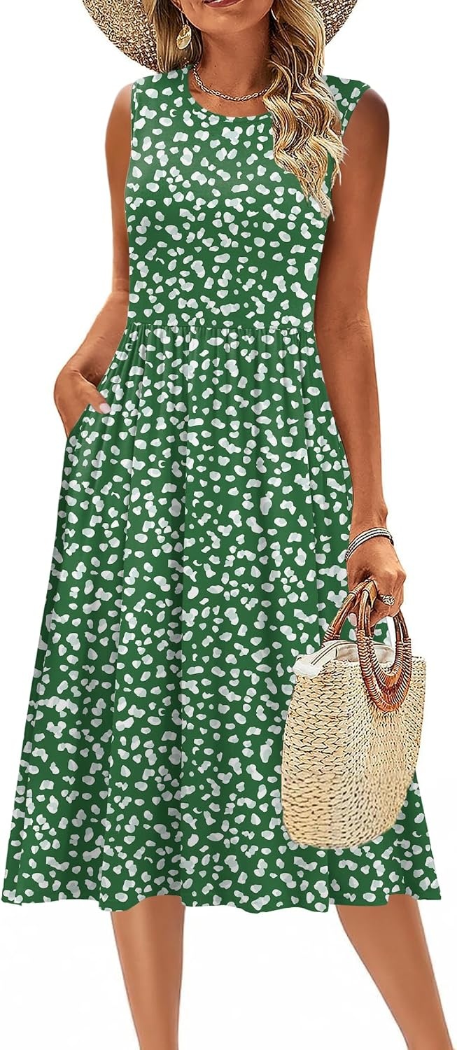 image:imageZeagoo Womens Summer Tank Midi Dress with Pockets Floral Sleeveless ALine Casual Loose TShirt Dresses Beach Sundress 2026Green Print