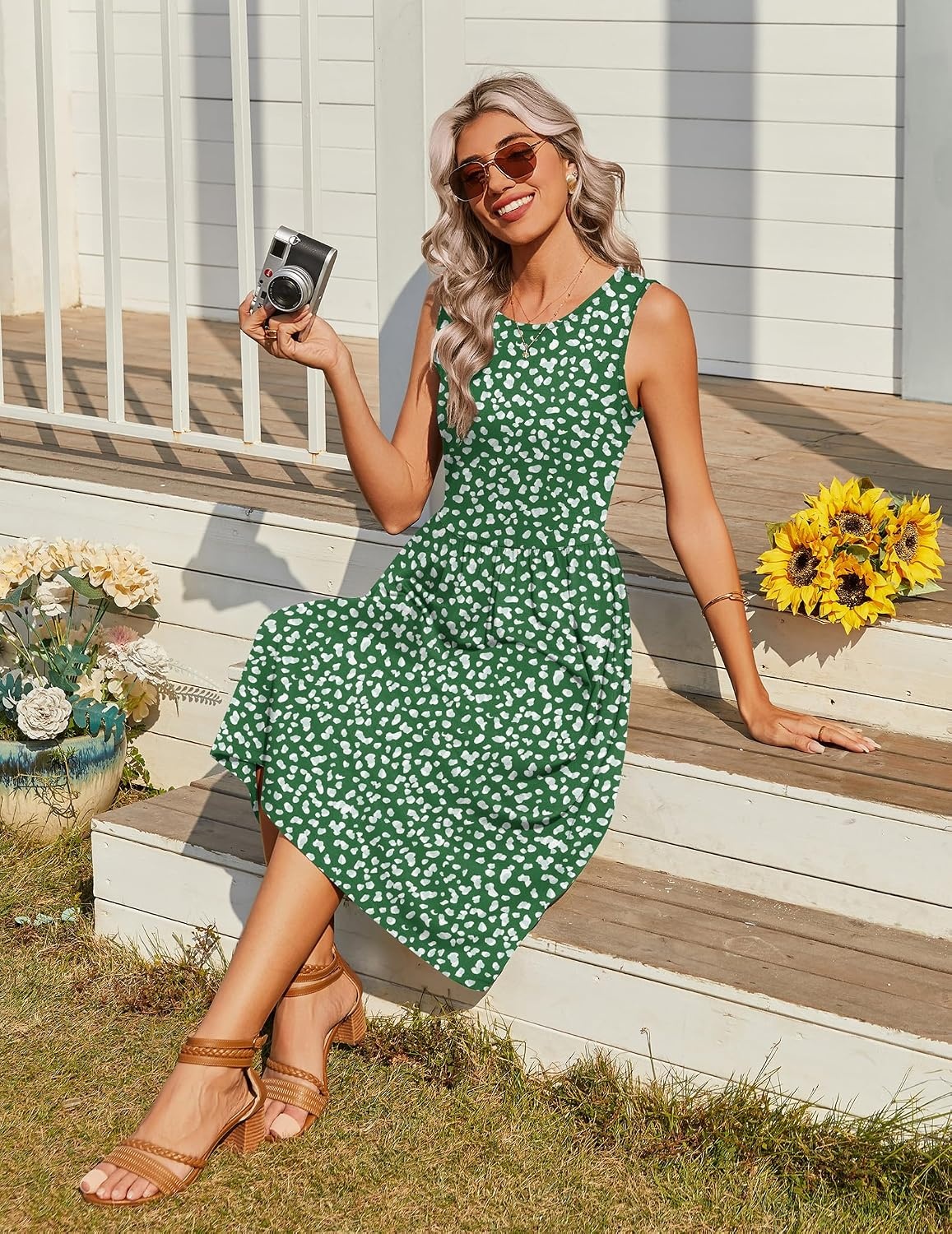 image:imageZeagoo Womens Summer Tank Midi Dress with Pockets Floral Sleeveless ALine Casual Loose TShirt Dresses Beach Sundress 2026Green Print