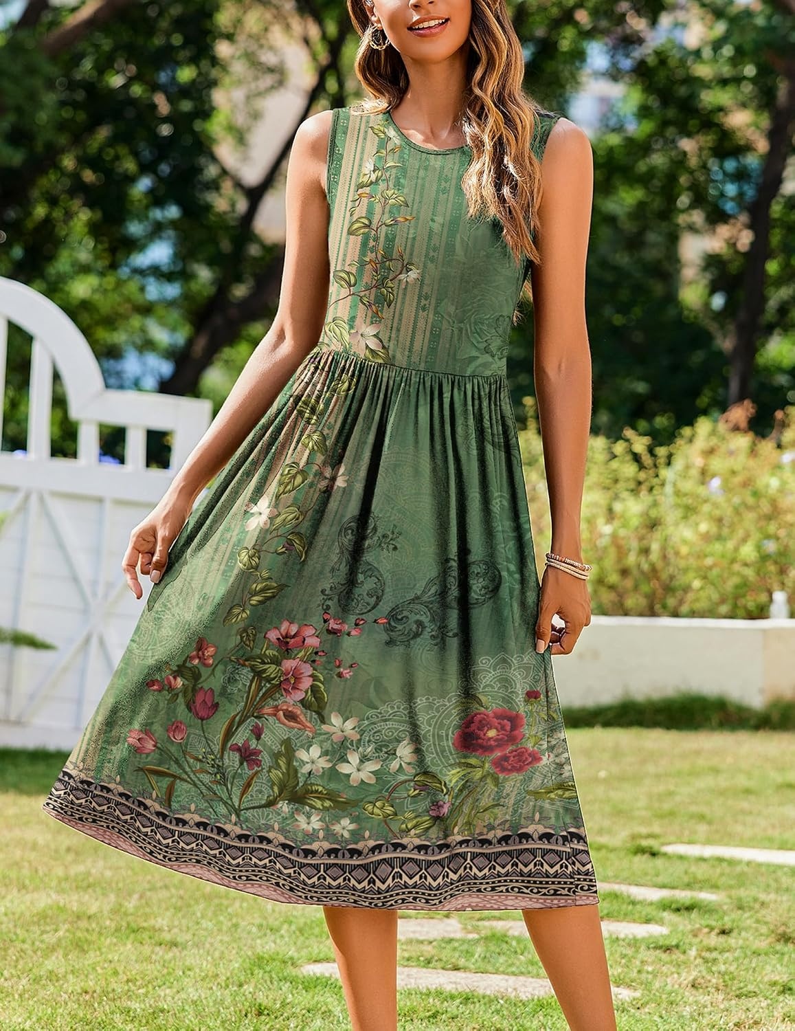 image:imageZeagoo Womens Summer Tank Midi Dress with Pockets Floral Sleeveless ALine Casual Loose TShirt Dresses Beach Sundress 2026Green Printed
