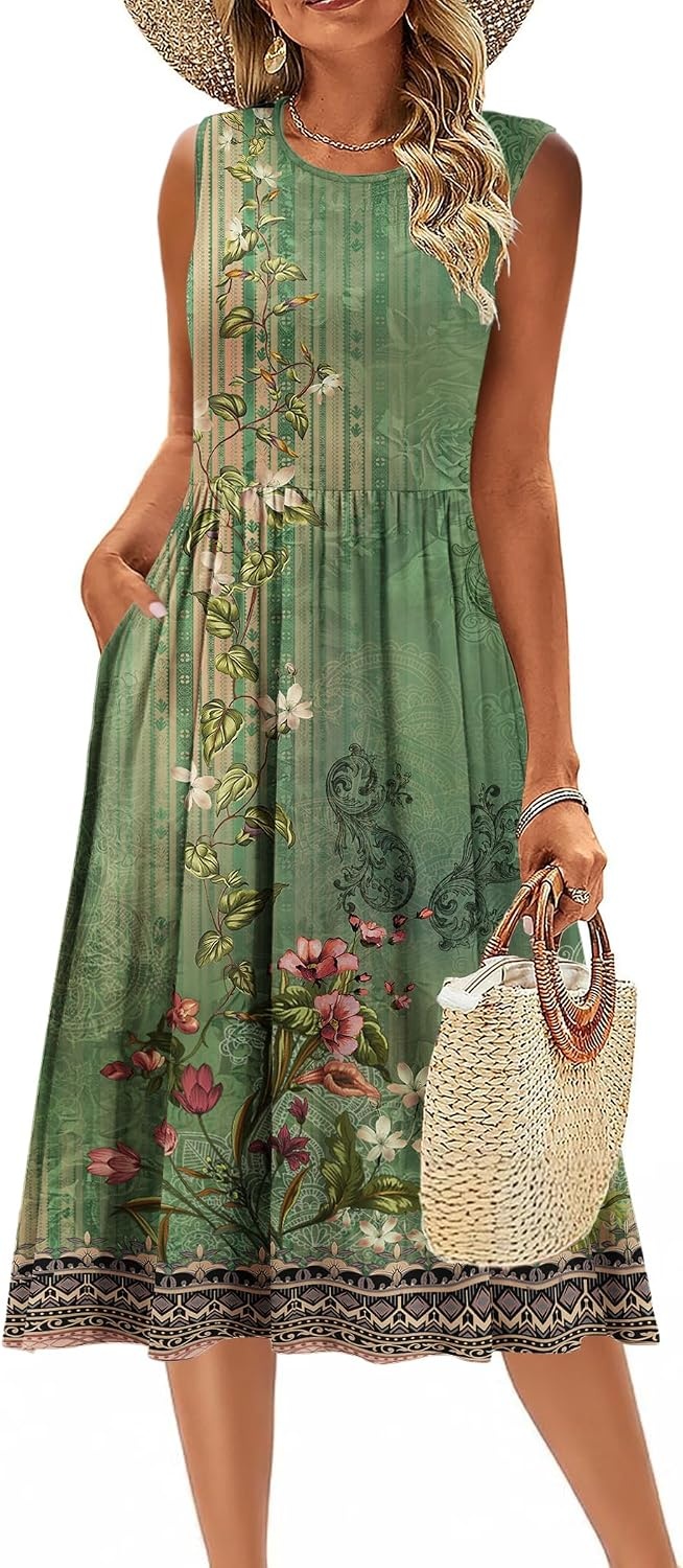 image:imageZeagoo Womens Summer Tank Midi Dress with Pockets Floral Sleeveless ALine Casual Loose TShirt Dresses Beach Sundress 2026Green Printed