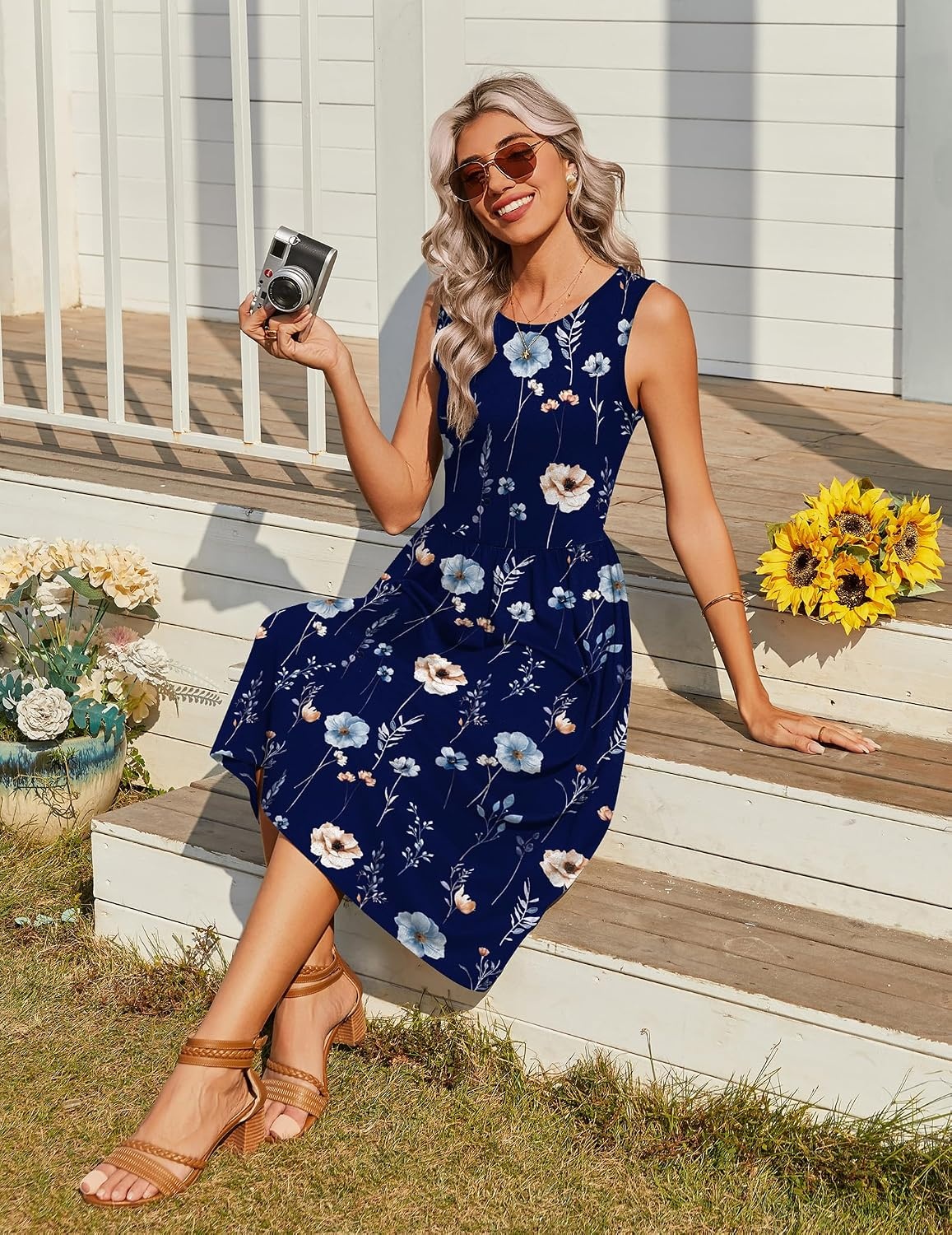 image:imageZeagoo Womens Summer Tank Midi Dress with Pockets Floral Sleeveless ALine Casual Loose TShirt Dresses Beach Sundress 2026Navy Floral