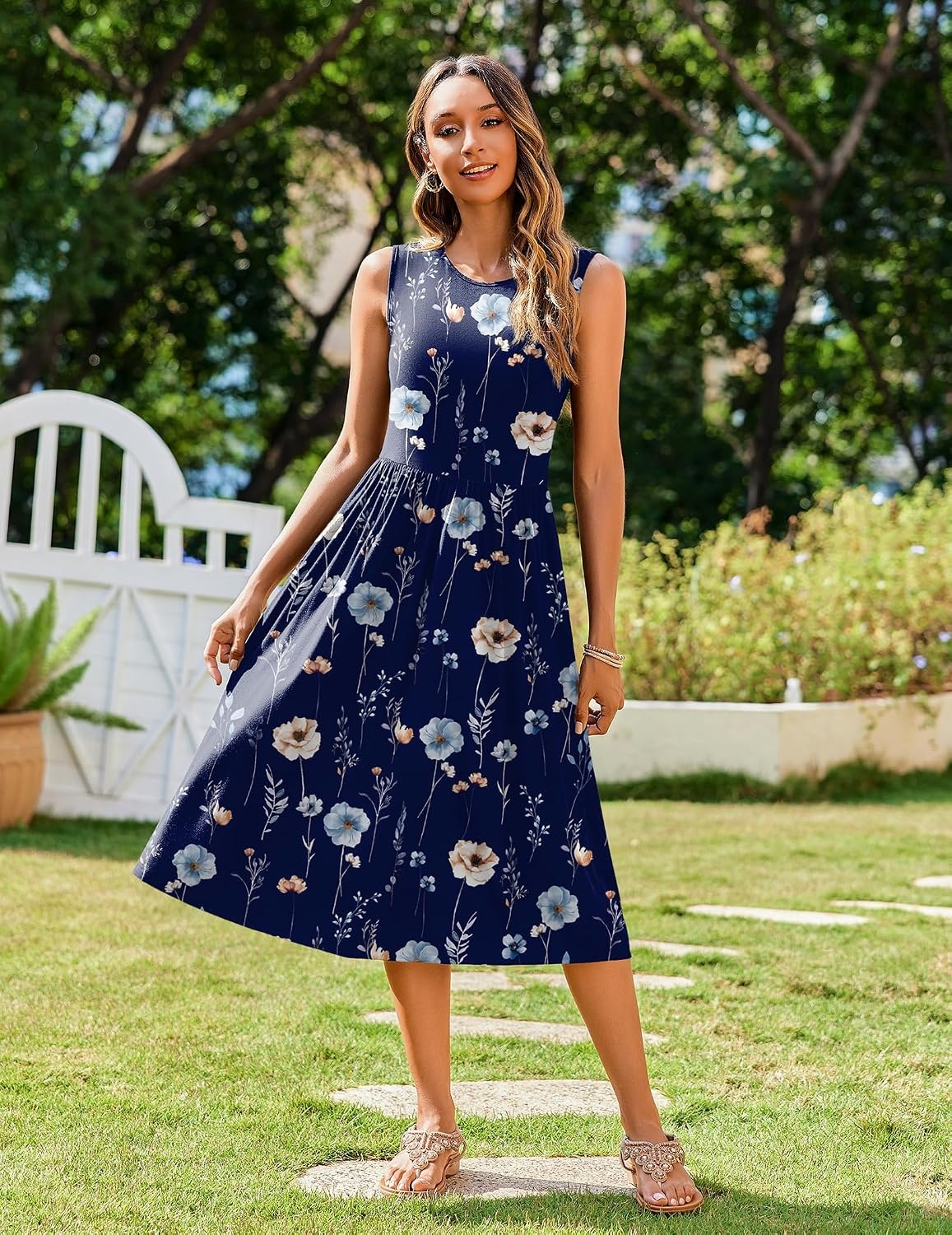 image:imageZeagoo Womens Summer Tank Midi Dress with Pockets Floral Sleeveless ALine Casual Loose TShirt Dresses Beach Sundress 2026Navy Floral