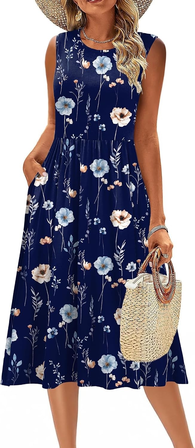 image:imageZeagoo Womens Summer Tank Midi Dress with Pockets Floral Sleeveless ALine Casual Loose TShirt Dresses Beach Sundress 2026Navy Floral