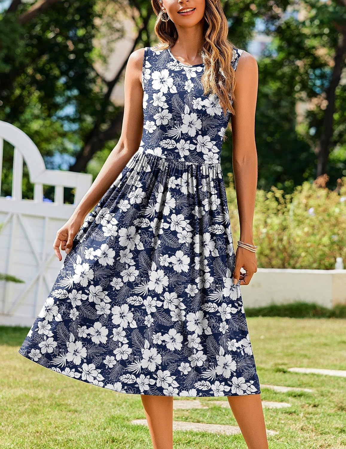 image:imageZeagoo Womens Summer Tank Midi Dress with Pockets Floral Sleeveless ALine Casual Loose TShirt Dresses Beach Sundress 2026Navy White Floral