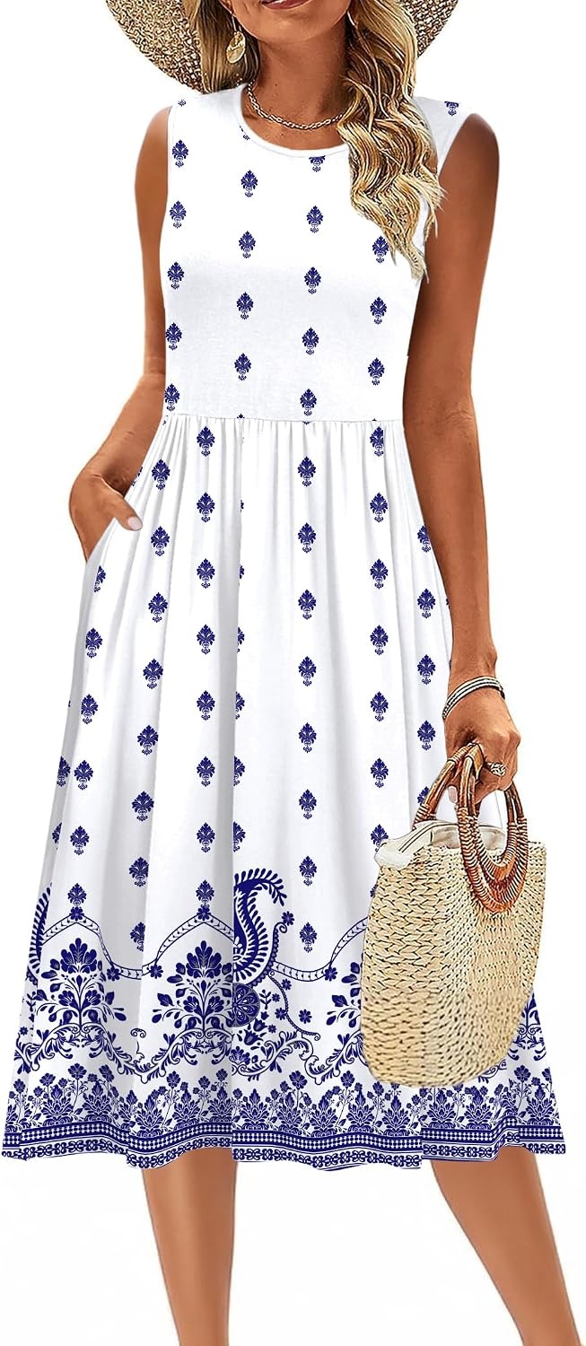 image:imageZeagoo Womens Summer Tank Midi Dress with Pockets Floral Sleeveless ALine Casual Loose TShirt Dresses Beach Sundress 2026White Boho Print