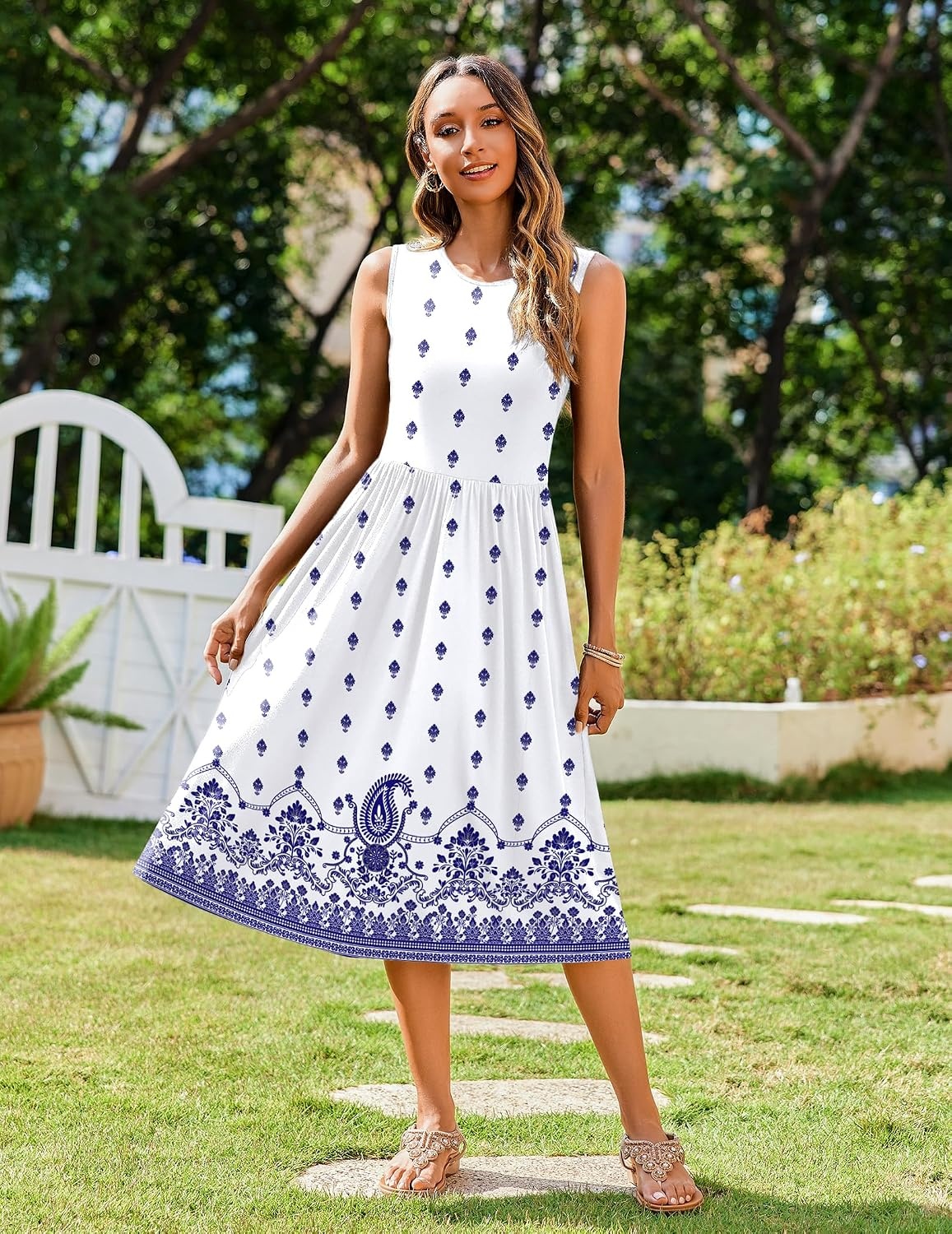 image:imageZeagoo Womens Summer Tank Midi Dress with Pockets Floral Sleeveless ALine Casual Loose TShirt Dresses Beach Sundress 2026White Boho Print