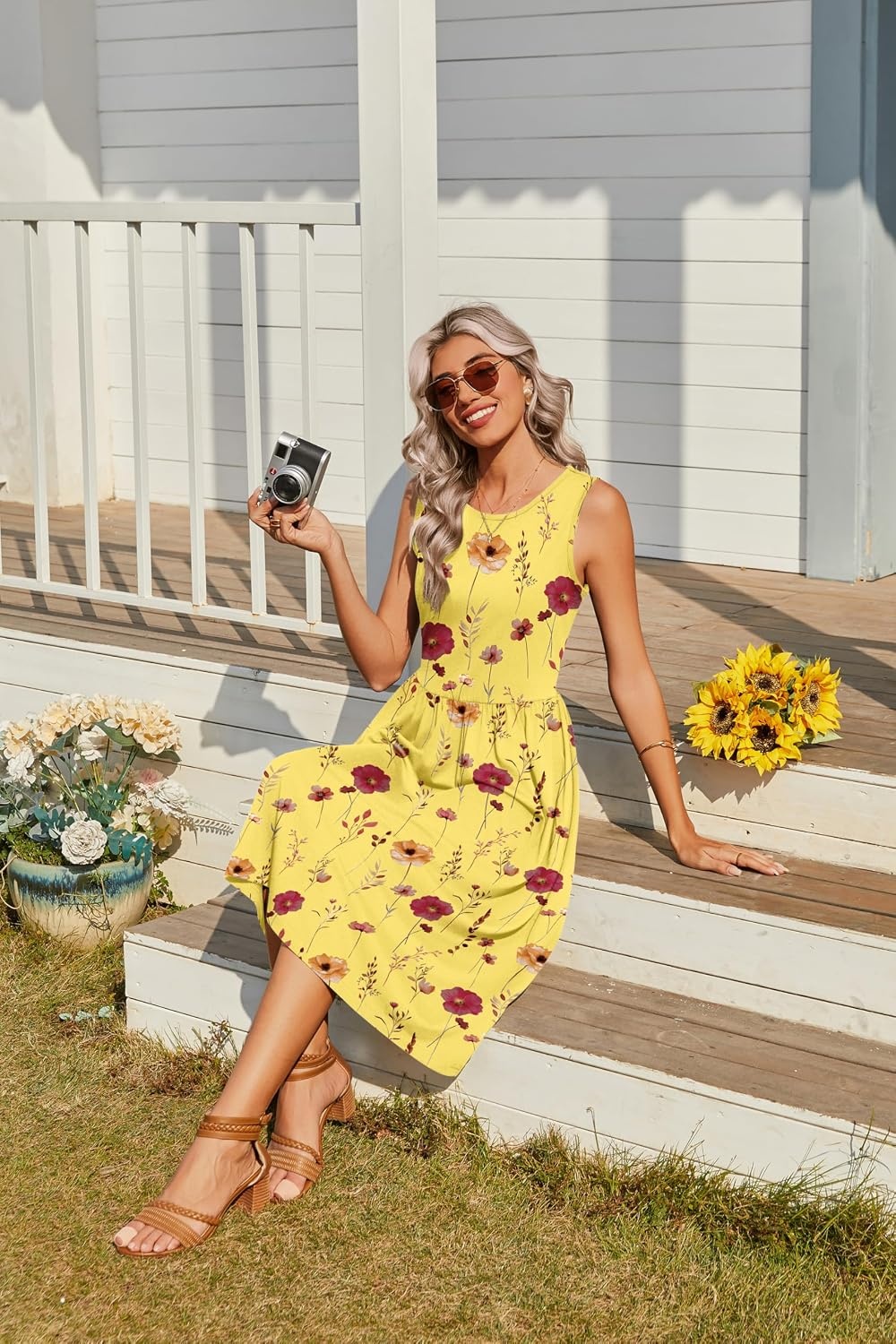 image:imageZeagoo Womens Summer Tank Midi Dress with Pockets Floral Sleeveless ALine Casual Loose TShirt Dresses Beach Sundress 2026Yellow Print