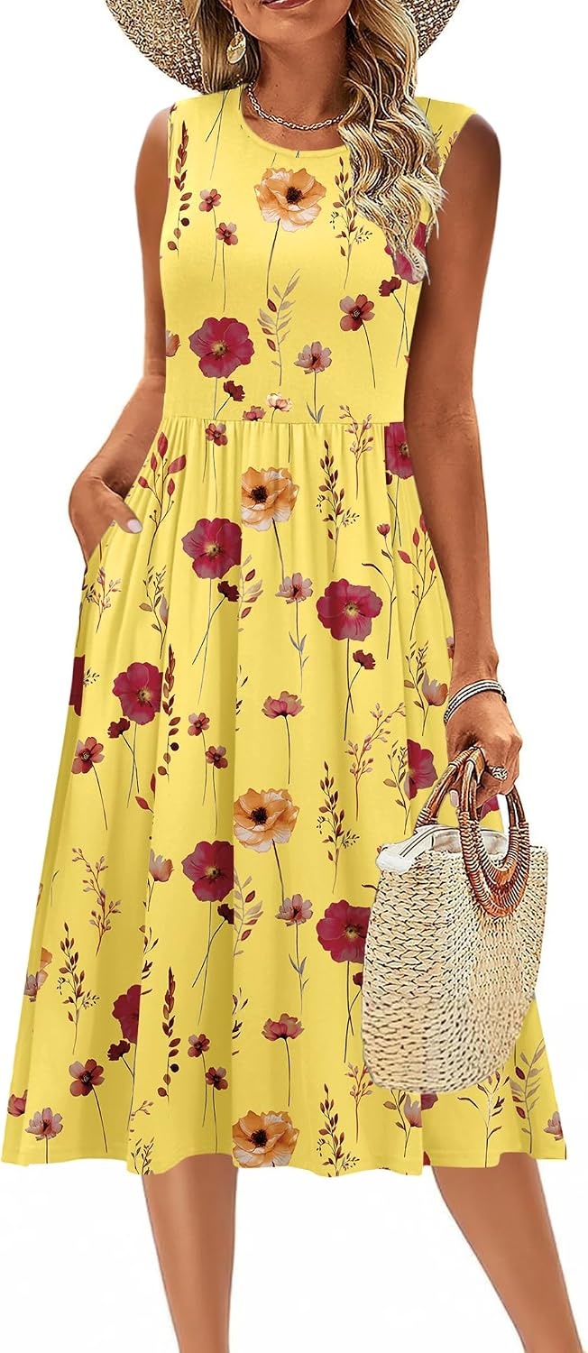 image:imageZeagoo Womens Summer Tank Midi Dress with Pockets Floral Sleeveless ALine Casual Loose TShirt Dresses Beach Sundress 2026Yellow Print