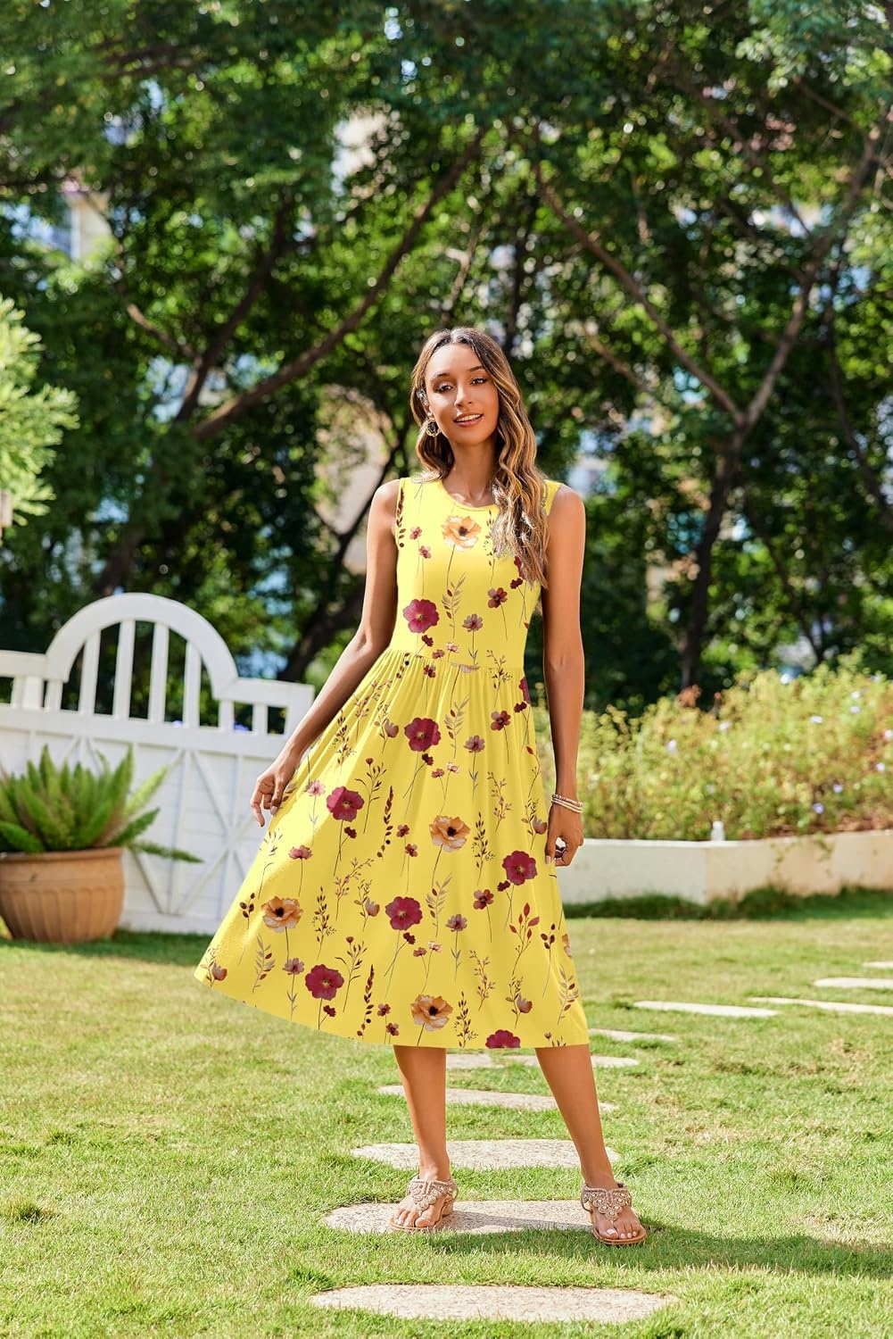 image:imageZeagoo Womens Summer Tank Midi Dress with Pockets Floral Sleeveless ALine Casual Loose TShirt Dresses Beach Sundress 2026Yellow Print