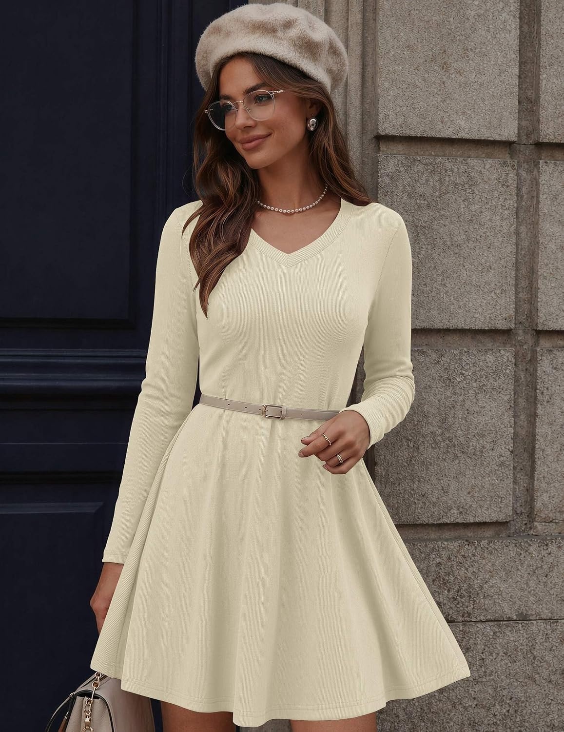 image:imageZeagoo Womens Sweater Dress Ribbed Knit V Neck Short Casual DressApricot