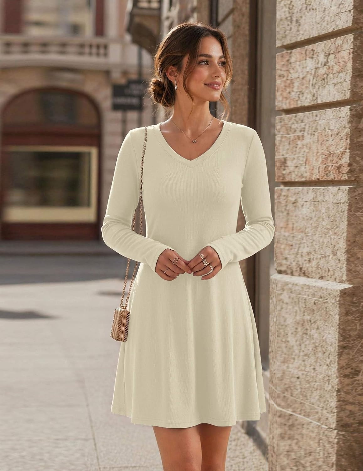 image:imageZeagoo Womens Sweater Dress Ribbed Knit V Neck Short Casual DressApricot