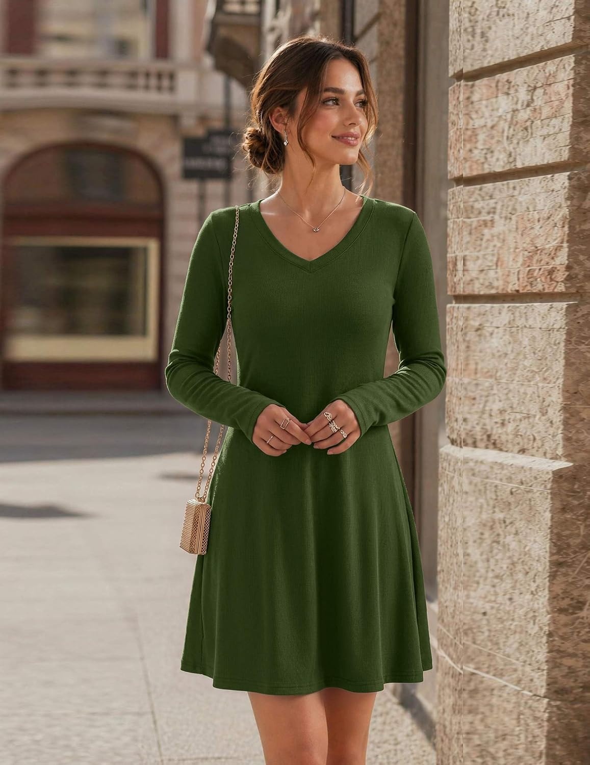 image:imageZeagoo Womens Sweater Dress Ribbed Knit V Neck Short Casual DressArmy Green