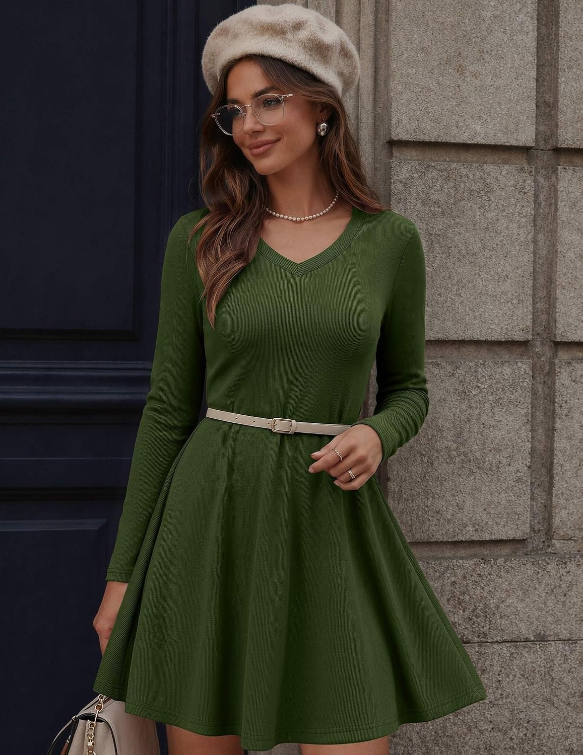 image:imageZeagoo Womens Sweater Dress Ribbed Knit V Neck Short Casual DressArmy Green