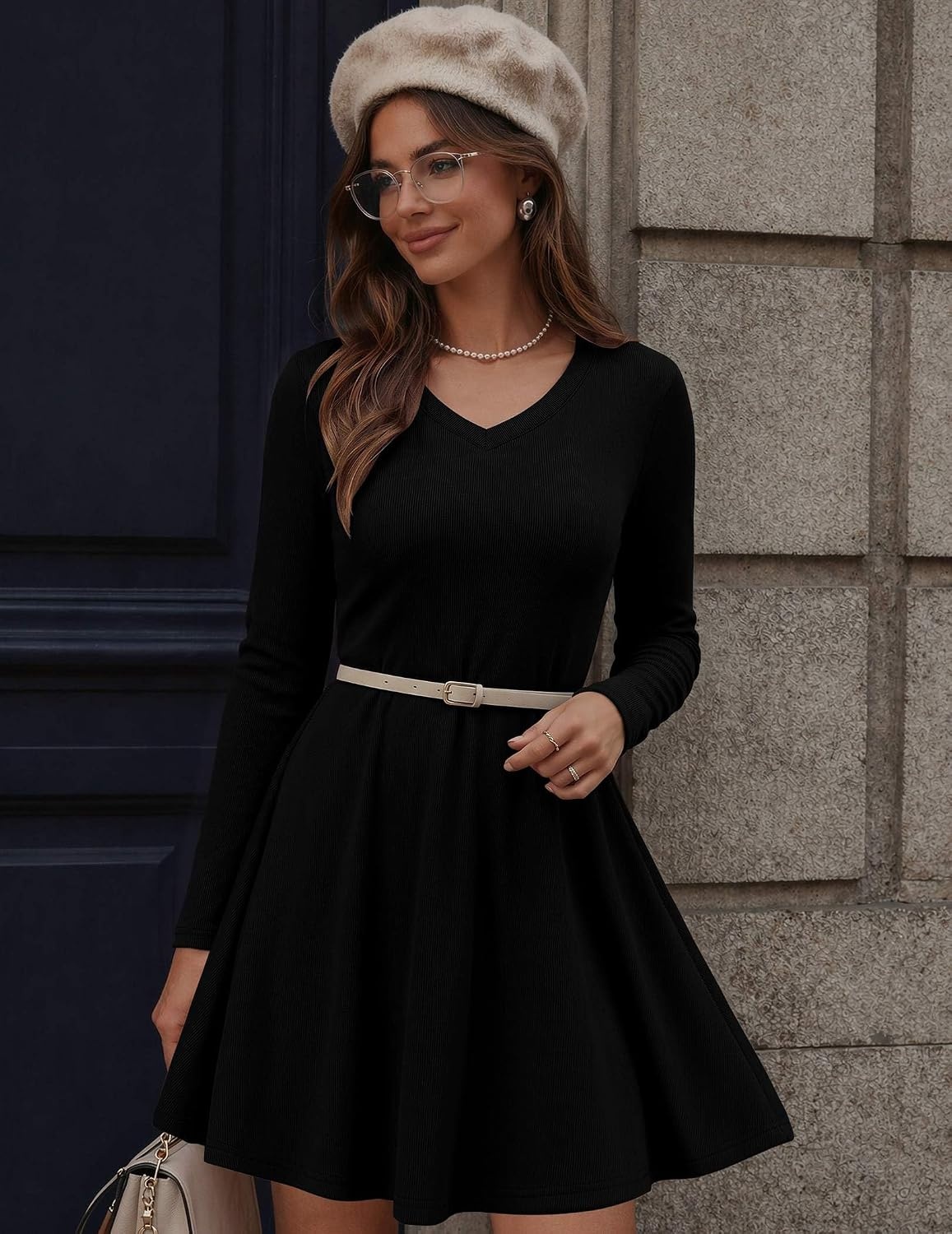 image:imageZeagoo Womens Sweater Dress Ribbed Knit V Neck Short Casual DressBlack