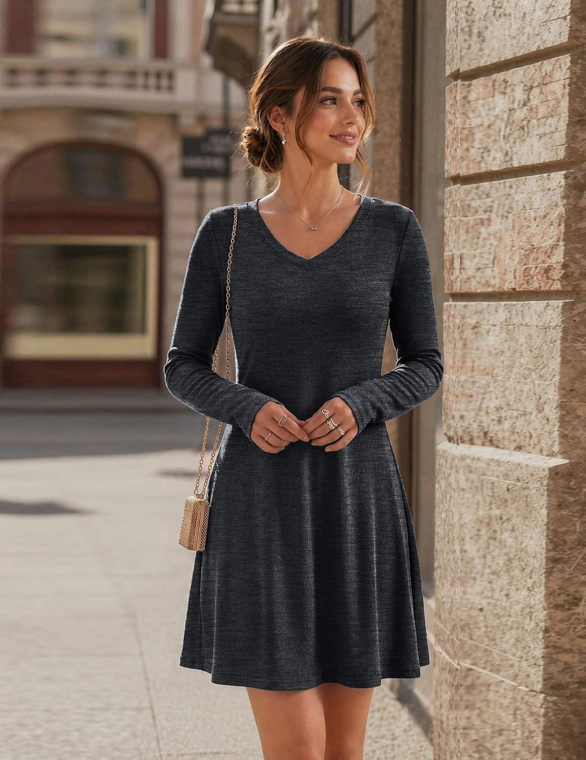 image:imageZeagoo Womens Sweater Dress Ribbed Knit V Neck Short Casual DressDark Grey