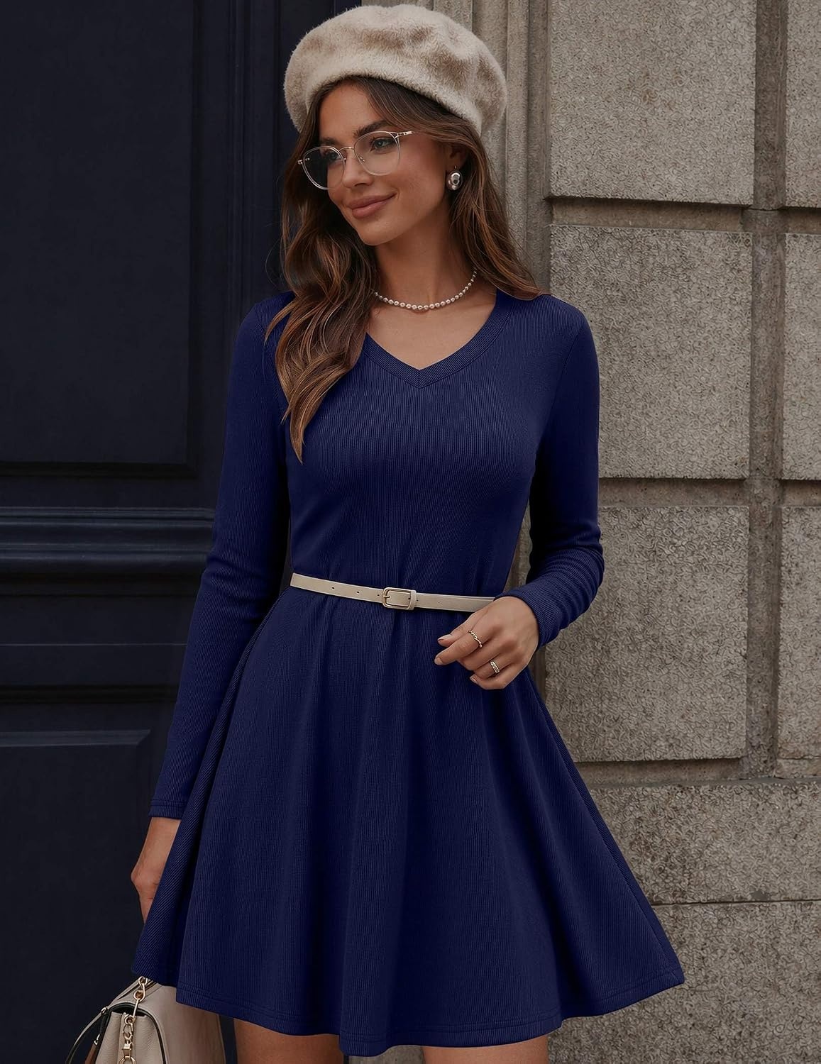 image:imageZeagoo Womens Sweater Dress Ribbed Knit V Neck Short Casual DressNavy Blue