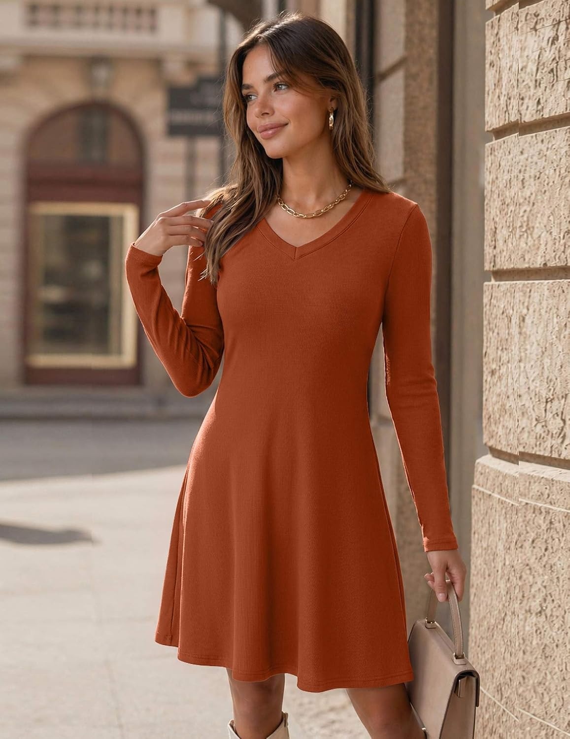 image:imageZeagoo Womens Sweater Dress Ribbed Knit V Neck Short Casual DressOrange