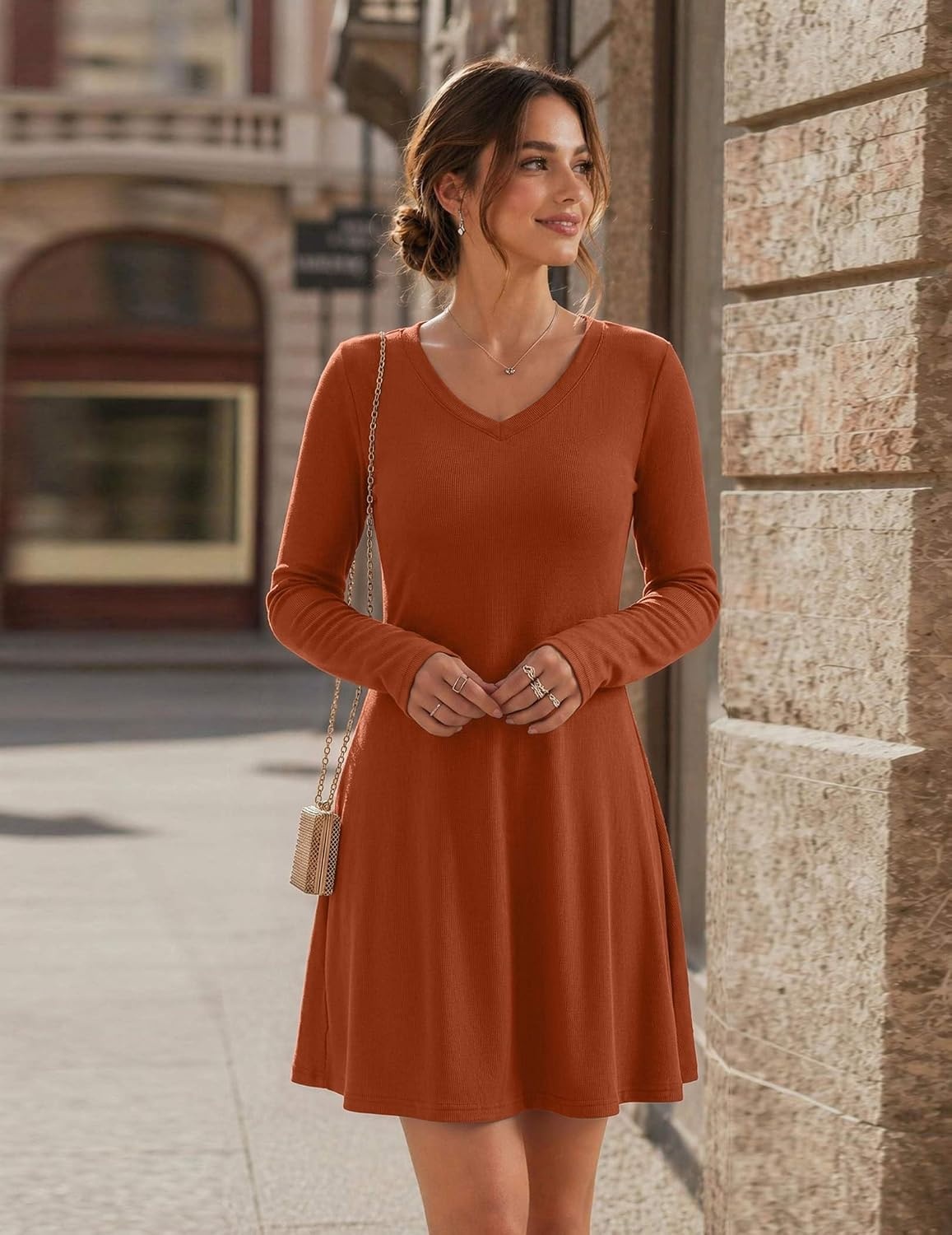 image:imageZeagoo Womens Sweater Dress Ribbed Knit V Neck Short Casual DressOrange