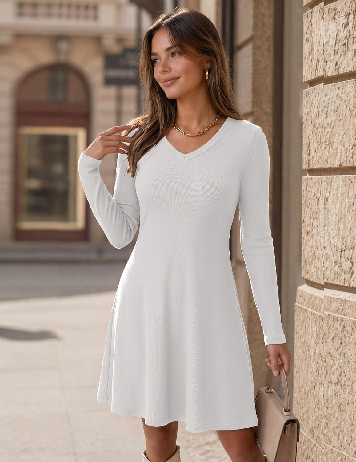 image:imageZeagoo Womens Sweater Dress Ribbed Knit V Neck Short Casual DressWhite