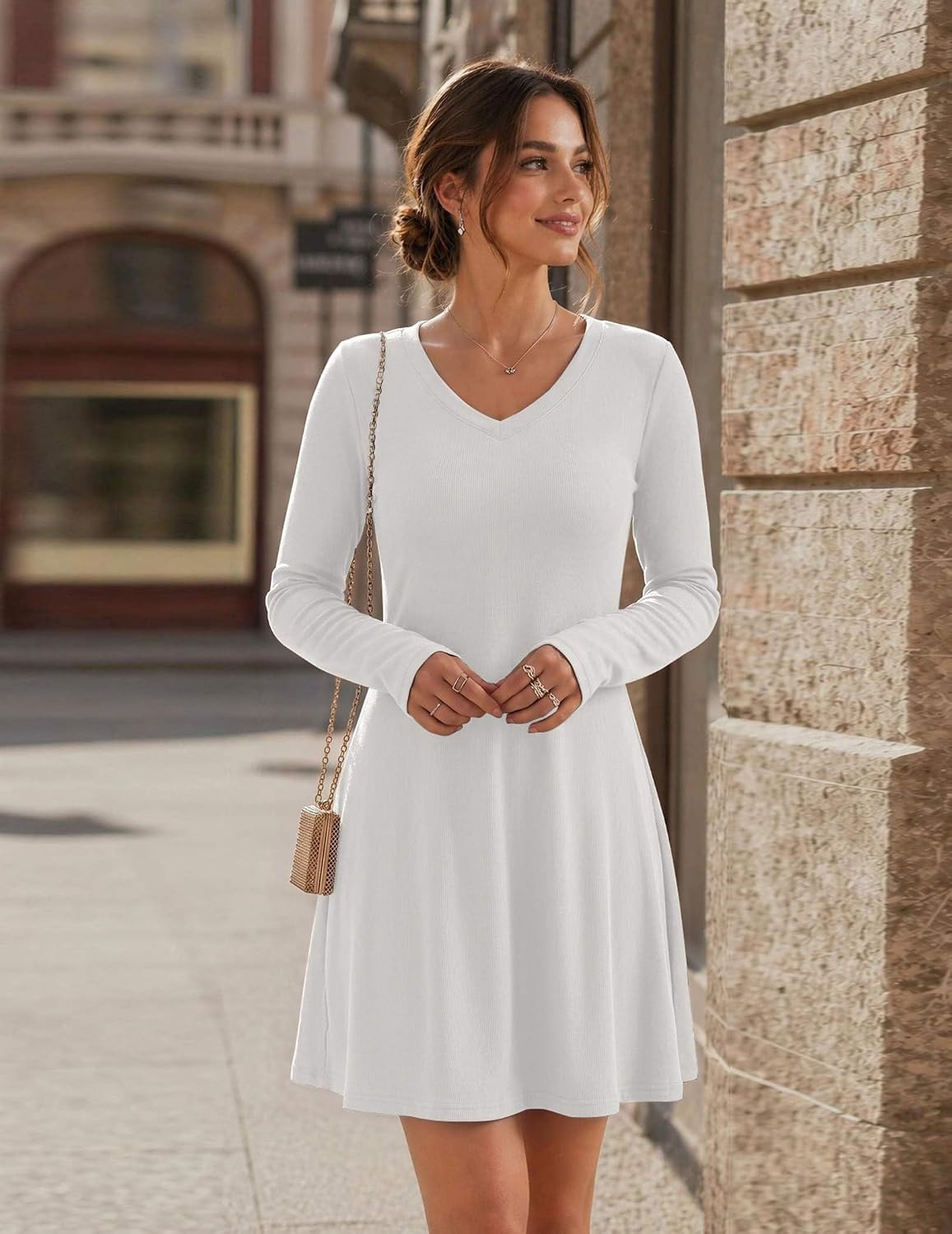 image:imageZeagoo Womens Sweater Dress Ribbed Knit V Neck Short Casual DressWhite
