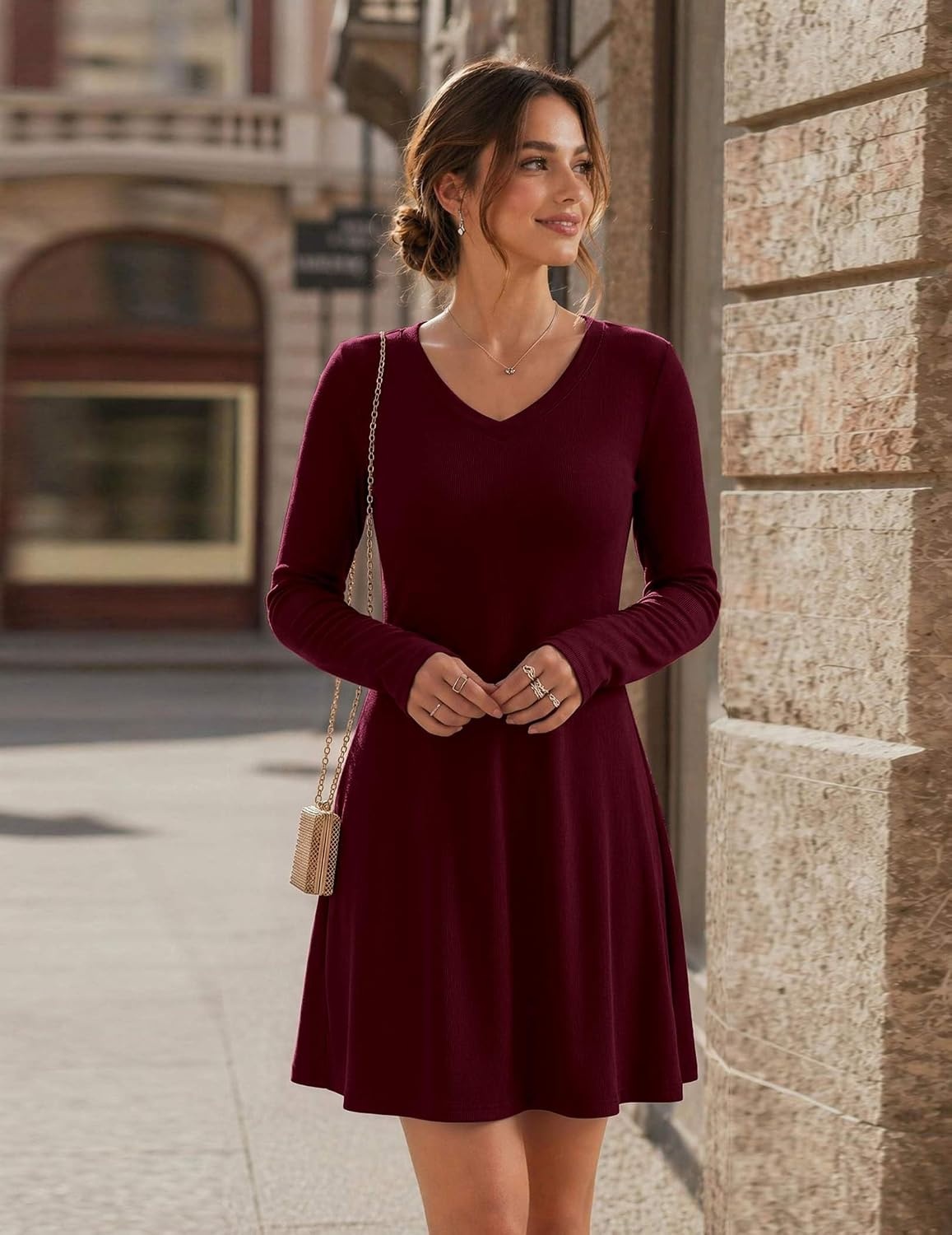 image:imageZeagoo Womens Sweater Dress Ribbed Knit V Neck Short Casual DressWine Red