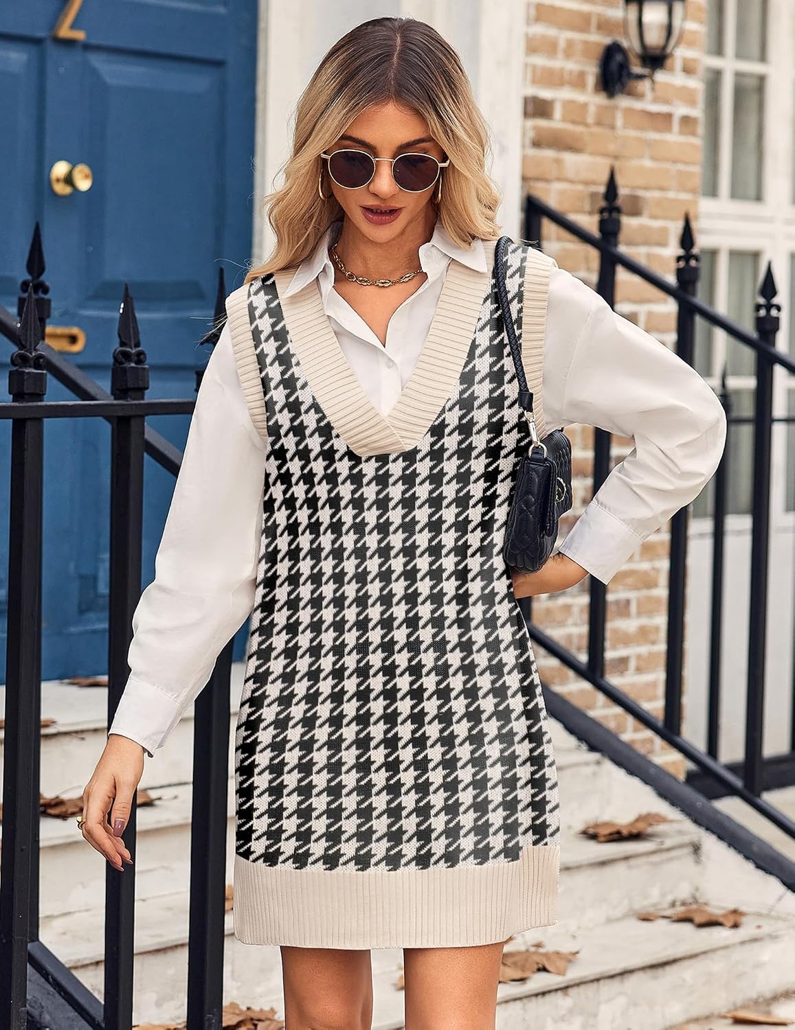 image:imageZeagoo Womens Tank Sweater Dress Sweater Vest Knitted Pullovers Sweaters 2025Houndstooth Plaid Black