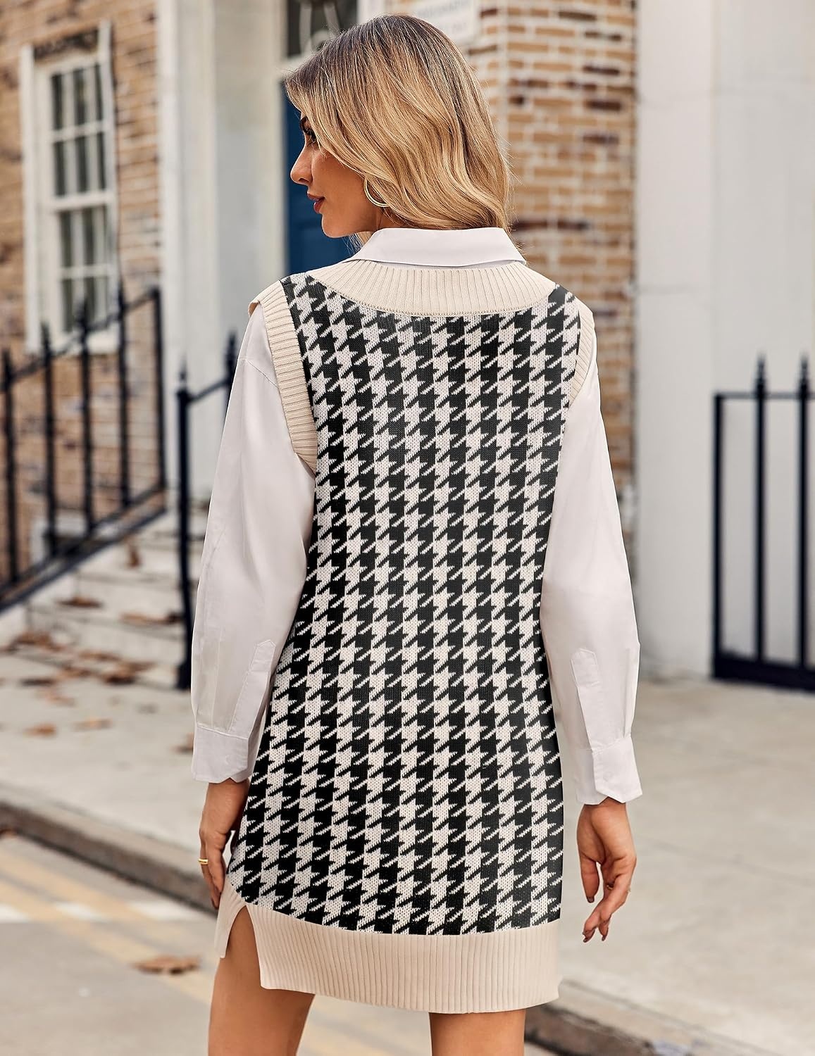 image:imageZeagoo Womens Tank Sweater Dress Sweater Vest Knitted Pullovers Sweaters 2025Houndstooth Plaid Black