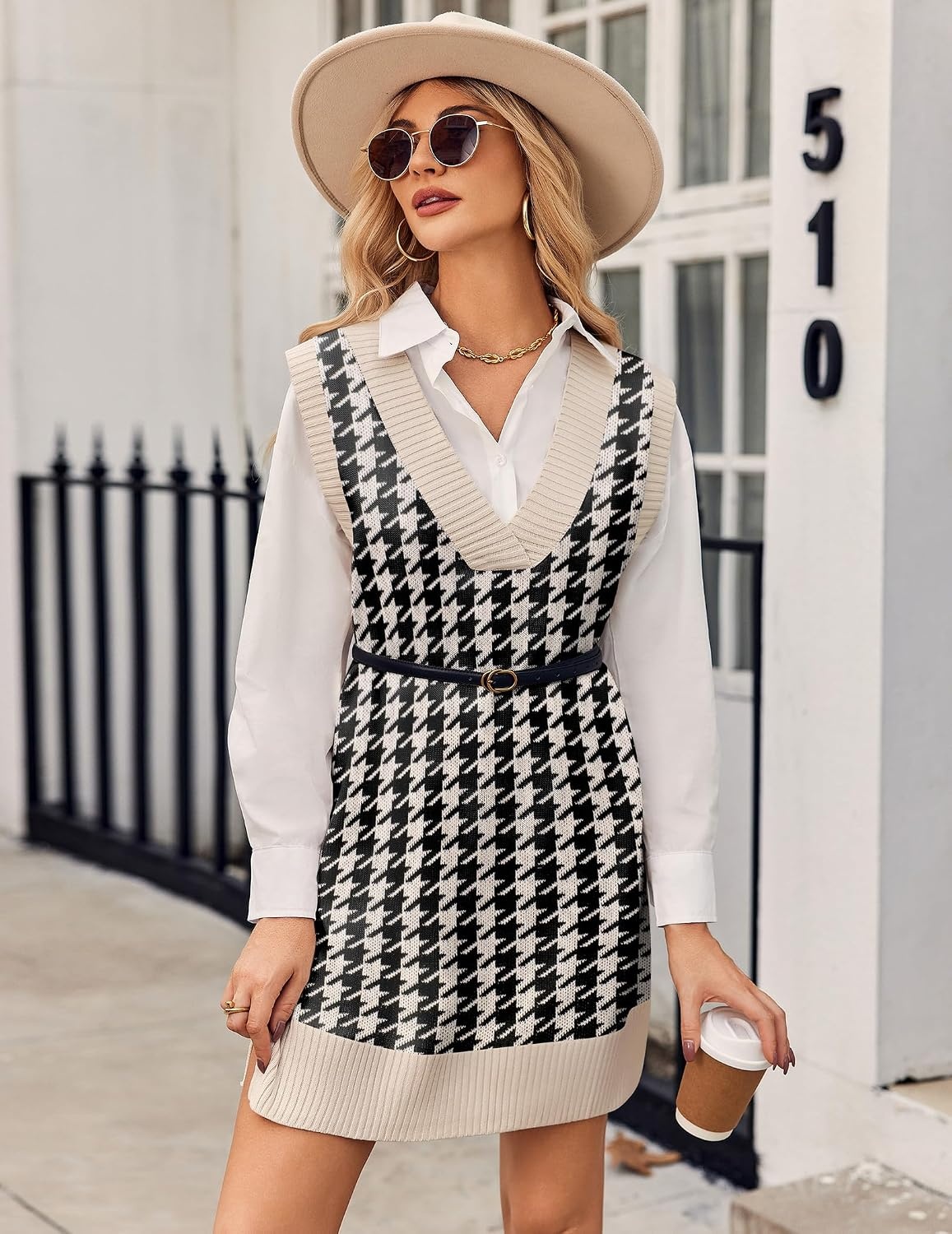 image:imageZeagoo Womens Tank Sweater Dress Sweater Vest Knitted Pullovers Sweaters 2025Houndstooth Plaid Black