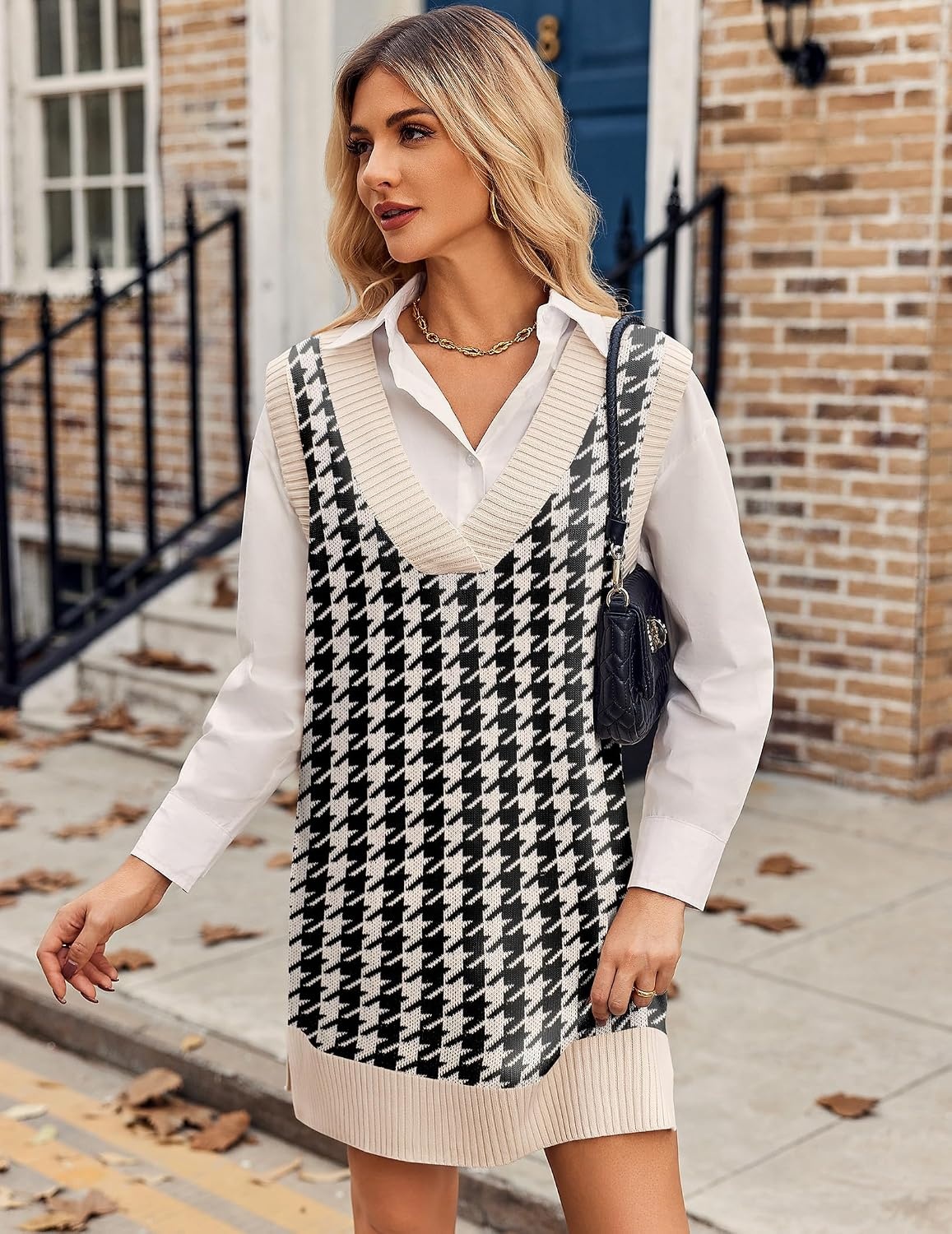 image:imageZeagoo Womens Tank Sweater Dress Sweater Vest Knitted Pullovers Sweaters 2025Houndstooth Plaid Black