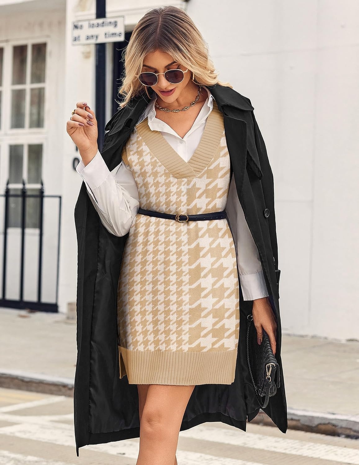 image:imageZeagoo Womens Tank Sweater Dress Sweater Vest Knitted Pullovers Sweaters 2025Houndstooth Plaid Khaki