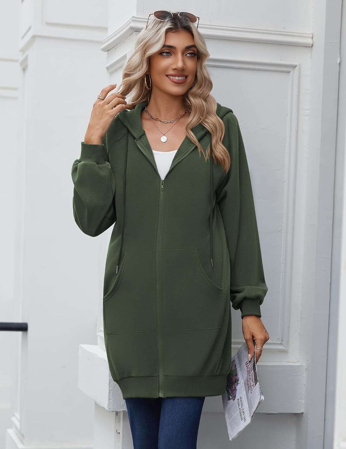 image:imageZeagoo Womens Zip Up Hoodies Long Sleeve Long Tunic Sweatshirts OversizedArmy Green