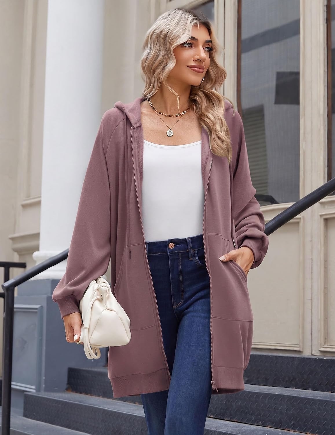 image:imageZeagoo Womens Zip Up Hoodies Long Sleeve Long Tunic Sweatshirts OversizedDusty Pink