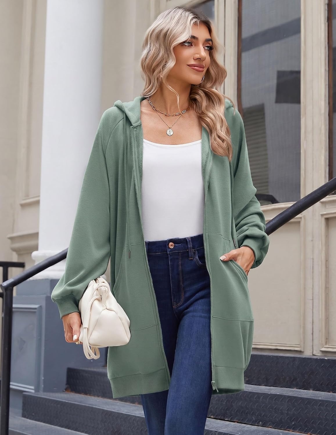 image:imageZeagoo Womens Zip Up Hoodies Long Sleeve Long Tunic Sweatshirts OversizedGrey Green