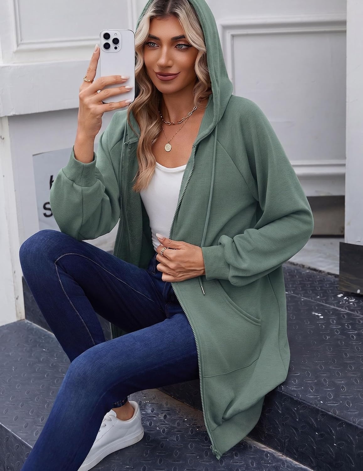 image:imageZeagoo Womens Zip Up Hoodies Long Sleeve Long Tunic Sweatshirts OversizedGrey Green
