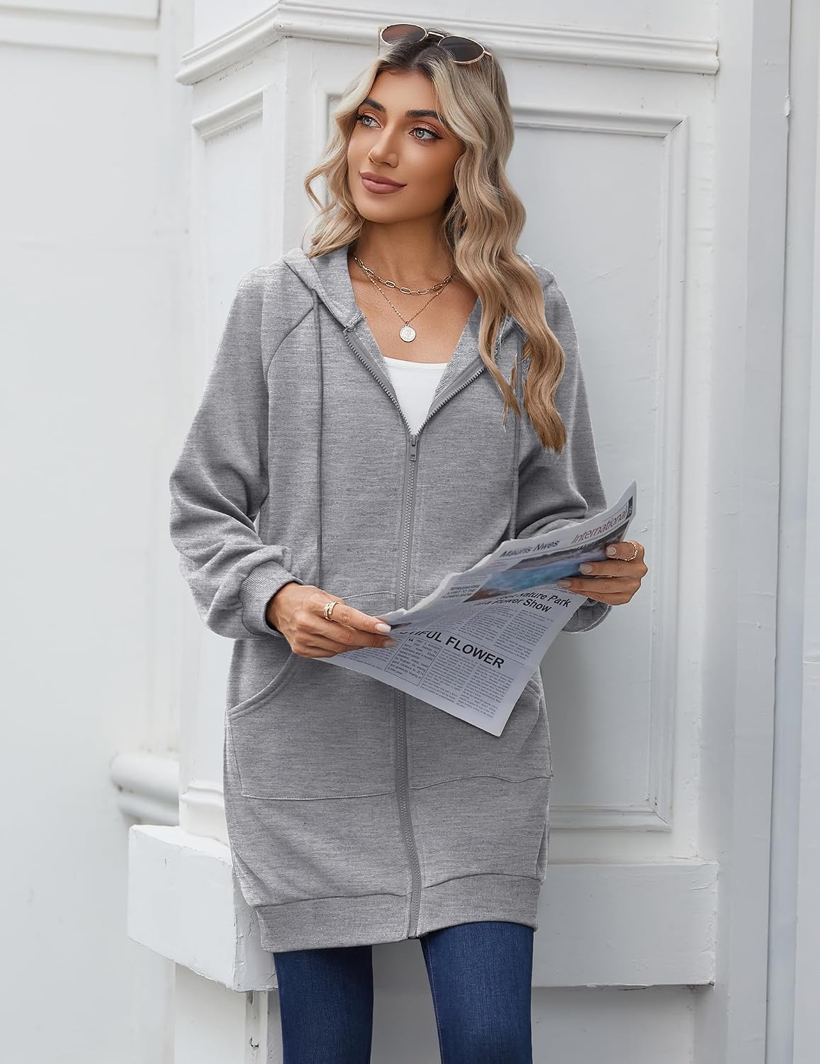 image:imageZeagoo Womens Zip Up Hoodies Long Sleeve Long Tunic Sweatshirts OversizedLight Grey