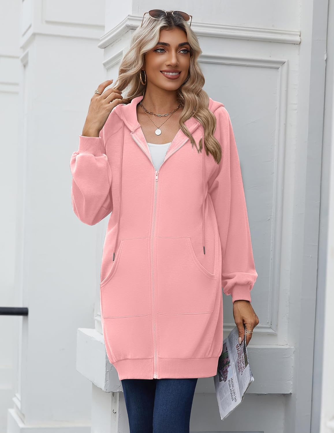 image:imageZeagoo Womens Zip Up Hoodies Long Sleeve Long Tunic Sweatshirts OversizedPink