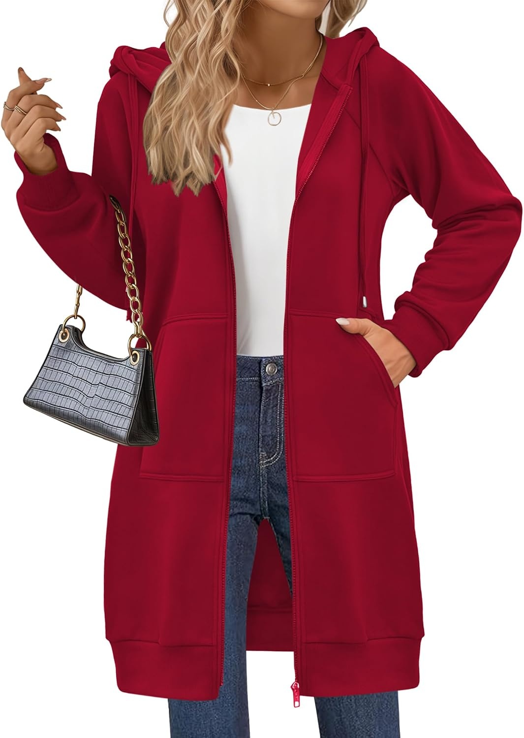 image:imageZeagoo Womens Zip Up Hoodies Long Sleeve Long Tunic Sweatshirts OversizedRed