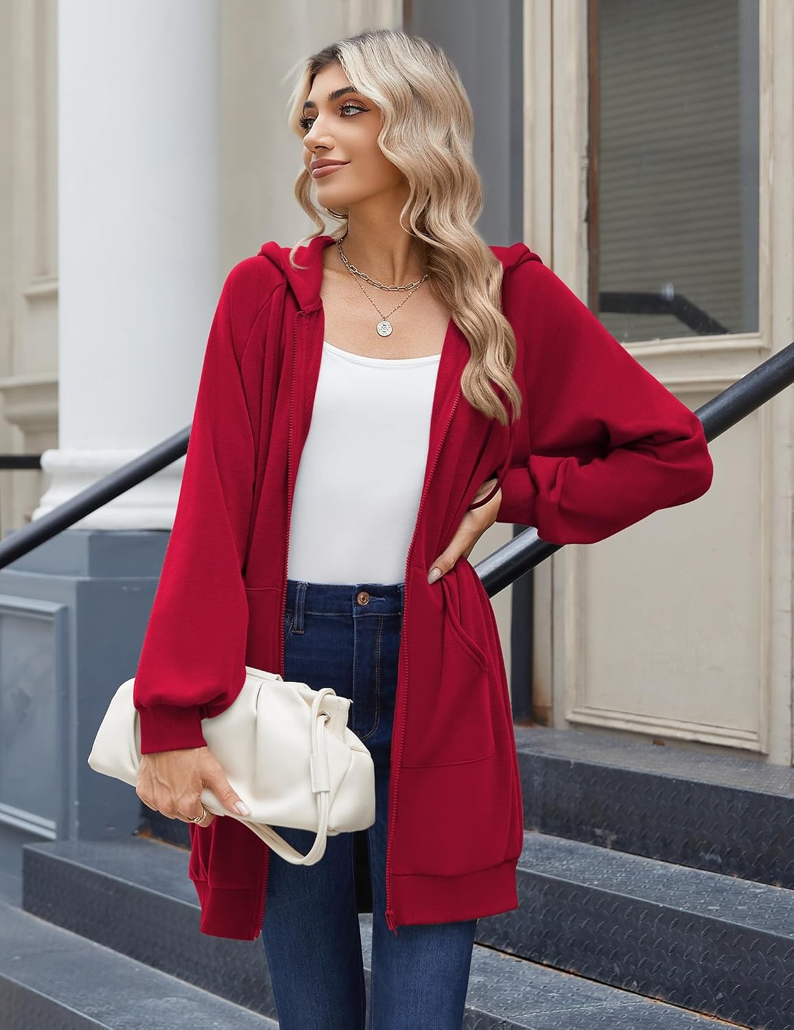 image:imageZeagoo Womens Zip Up Hoodies Long Sleeve Long Tunic Sweatshirts OversizedRed