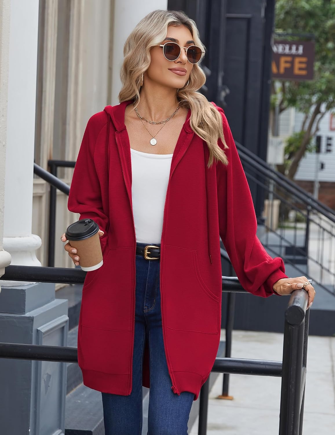 image:imageZeagoo Womens Zip Up Hoodies Long Sleeve Long Tunic Sweatshirts OversizedRed