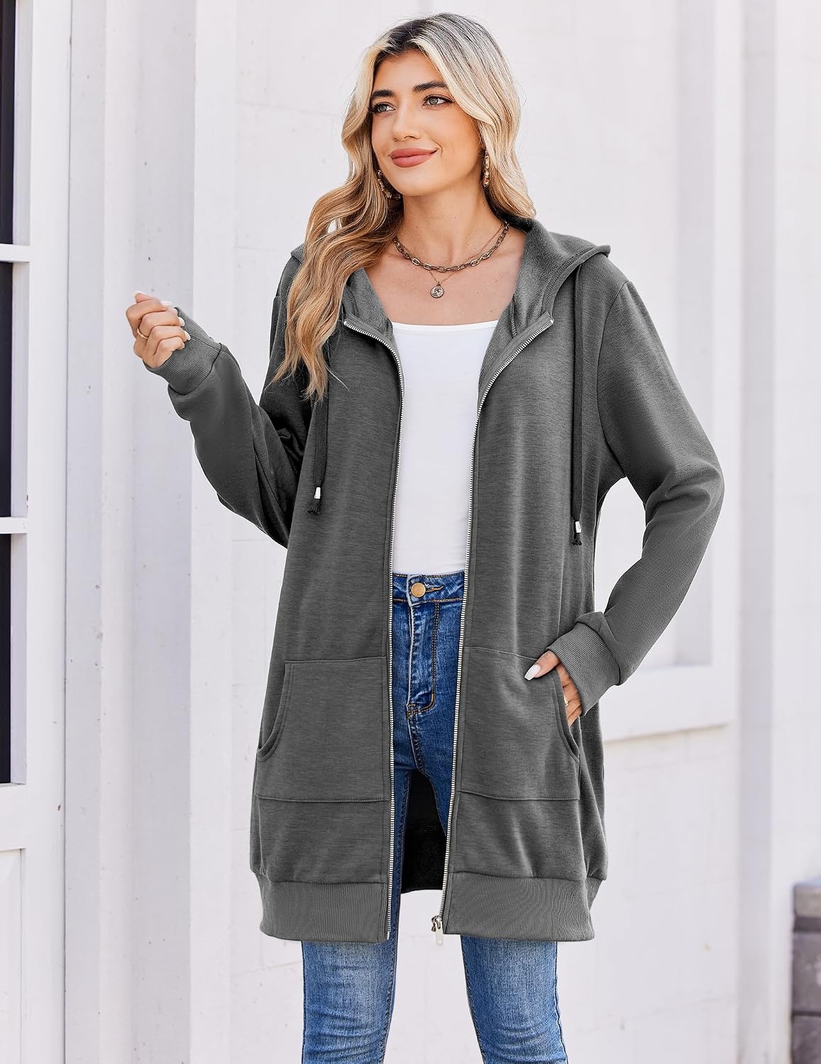 image:imageZeagoo Womens Zip Up Hoodies Long Tunic Sweatshirts Oversized Fleece Casual Long Sleeve 2026 Fall Hoodie Jacket Coat01 Dark Grey