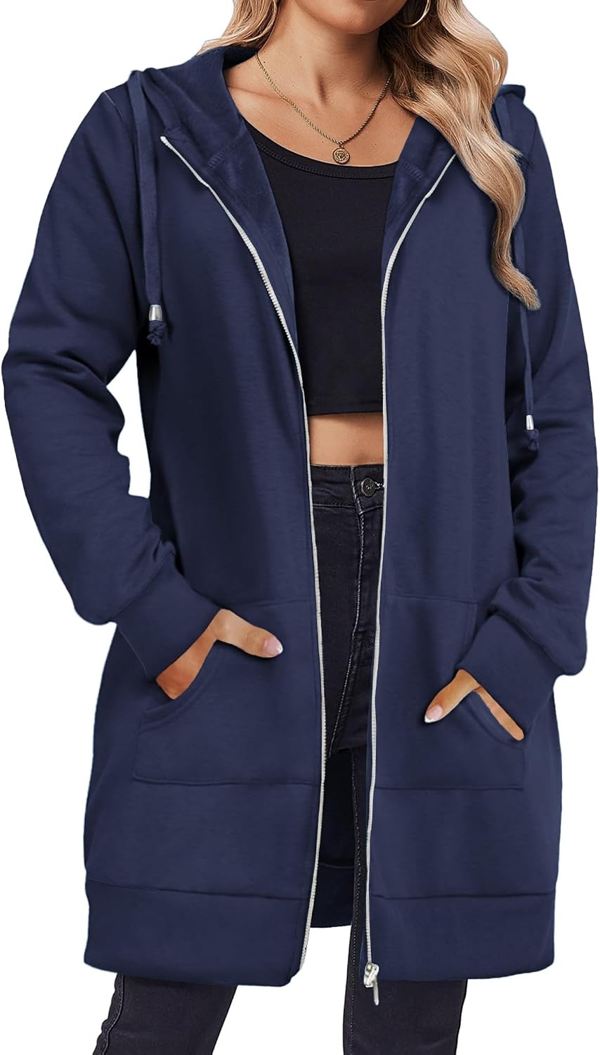 image:imageZeagoo Womens Zip Up Hoodies Long Tunic Sweatshirts Oversized Fleece Casual Long Sleeve 2026 Fall Hoodie Jacket Coat01 Dark Navy Blue