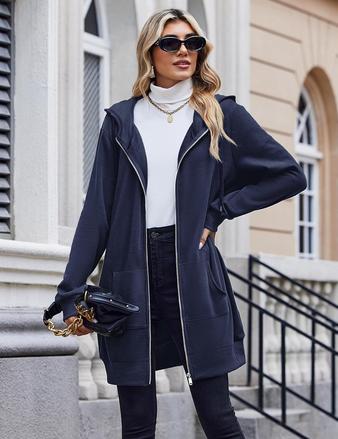 image:imageZeagoo Womens Zip Up Hoodies Long Tunic Sweatshirts Oversized Fleece Casual Long Sleeve 2026 Fall Hoodie Jacket Coat01 Dark Navy Blue