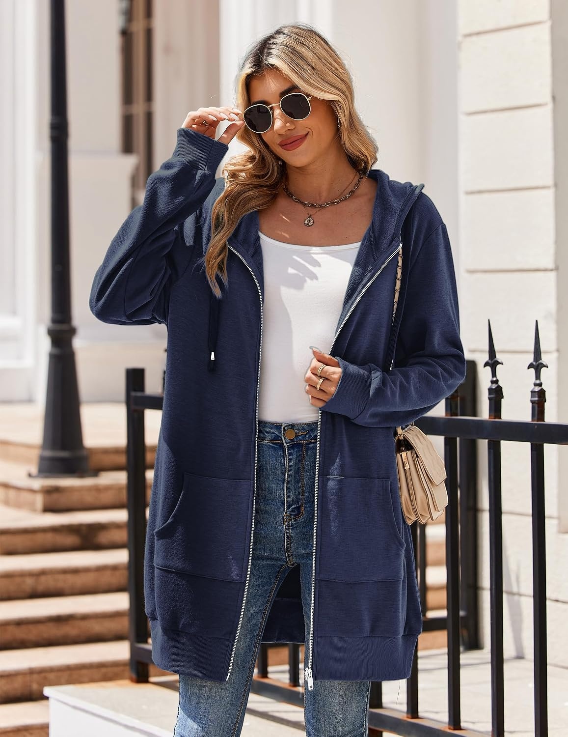 image:imageZeagoo Womens Zip Up Hoodies Long Tunic Sweatshirts Oversized Fleece Casual Long Sleeve 2026 Fall Hoodie Jacket Coat01 Dark Navy Blue