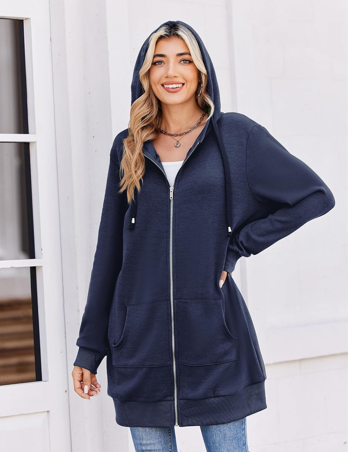 image:imageZeagoo Womens Zip Up Hoodies Long Tunic Sweatshirts Oversized Fleece Casual Long Sleeve 2026 Fall Hoodie Jacket Coat01 Dark Navy Blue