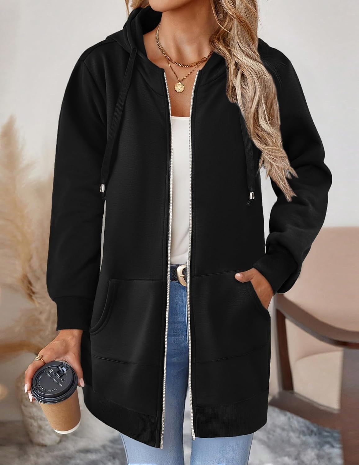 image:imageZeagoo Womens Zip Up Hoodies Long Tunic Sweatshirts Oversized Fleece Casual Long Sleeve 2026 Fall Hoodie Jacket Coat01black