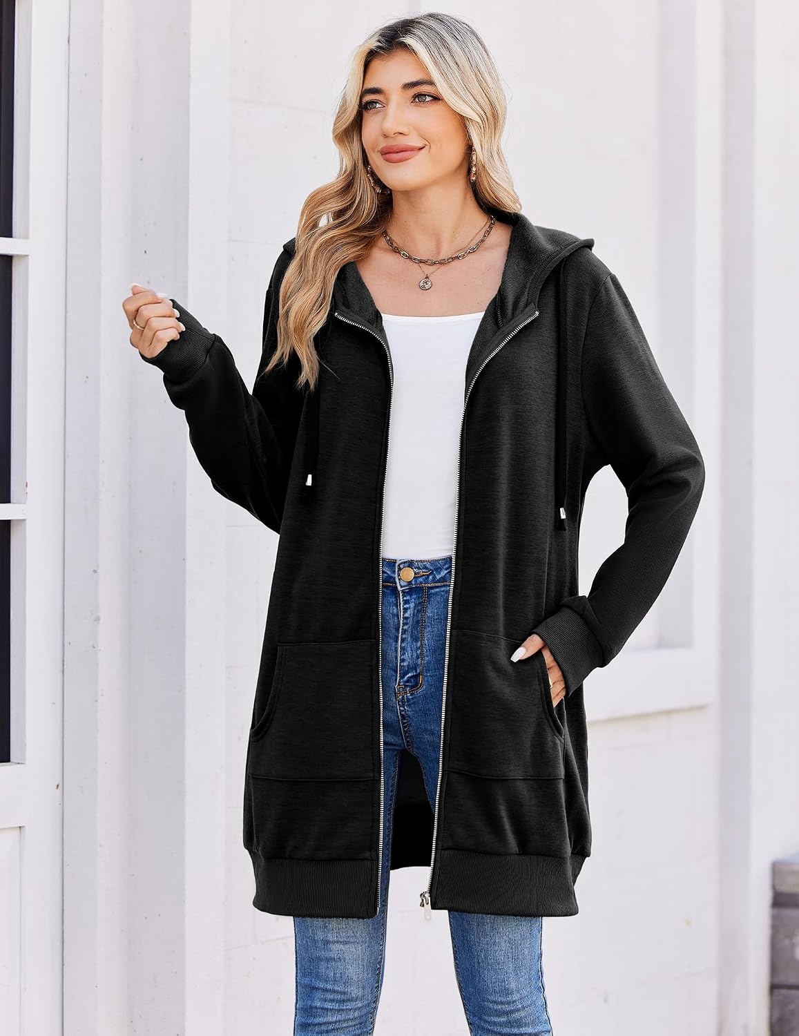 image:imageZeagoo Womens Zip Up Hoodies Long Tunic Sweatshirts Oversized Fleece Casual Long Sleeve 2026 Fall Hoodie Jacket CoatBlack