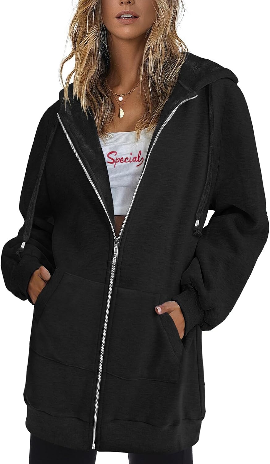 image:imageZeagoo Womens Zip Up Hoodies Long Tunic Sweatshirts Oversized Fleece Casual Long Sleeve 2026 Fall Hoodie Jacket CoatBlack