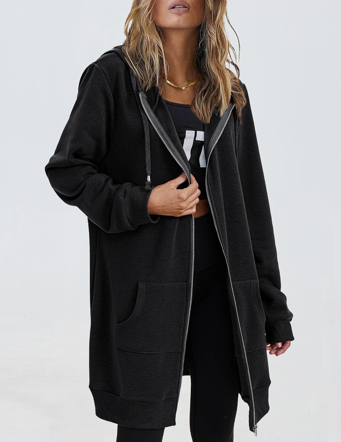 image:imageZeagoo Womens Zip Up Hoodies Long Tunic Sweatshirts Oversized Fleece Casual Long Sleeve 2026 Fall Hoodie Jacket CoatBlack