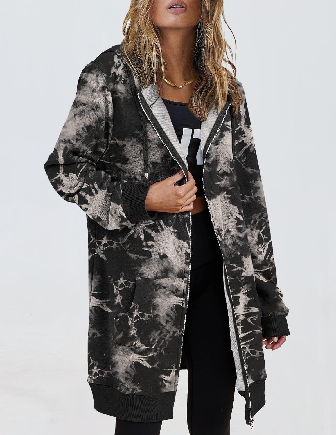 image:imageZeagoo Womens Zip Up Hoodies Long Tunic Sweatshirts Oversized Fleece Casual Long Sleeve 2026 Fall Hoodie Jacket CoatBlack Tie Dye Without Fleece